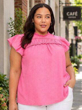 Lane Bryant Pink Ruffle Sleeve Top 14/16 (1X) with Feminine Trim Details
